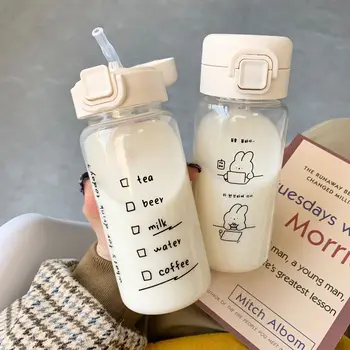 Креативная мультяшная бутылка для воды с соломинкой, милая пластиковая бутылка для питья, Портативная герметичная посуда для питья молока, кофе, чая