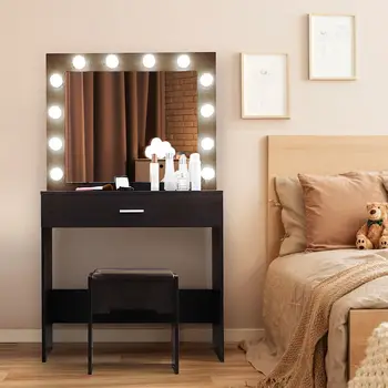 Туалетный столик для макияжа, Туалетный столик с зеркалом со светодиодной подсветкой и табуреткой, черный