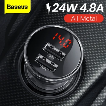 Baseus 24W Металлическое Автомобильное Зарядное Устройство с Двойным USB-Разъемом 4.8A Быстрое Автомобильное USB-Зарядное Устройство LED Auto Car Charging Adapter Для Мобильного Телефона iPhone Xiaomi