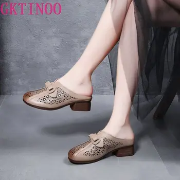 Женские кожаные тапочки GKTINOO длиной 4 см из натуральной коровьей кожи, летние дизайнерские Модные Полые сандалии, Удобные женские новинки в ретро-обуви