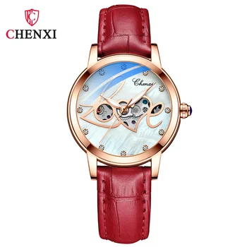 Женские механические часы CHENXI 8832 от ведущего модного бренда, Роскошный кожаный ремешок с бриллиантами, Водонепроницаемые женские часы для отдыха