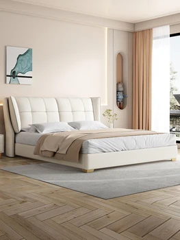 Простая современная кровать из массива дерева, светлая роскошная деревянная кровать 1,8 метра, главная спальня, двуспальная кровать, спальня, татами, мягкая сумка