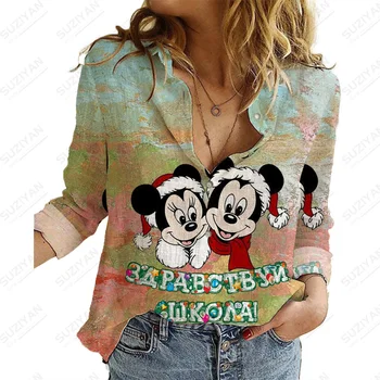 Женская блузка Disney ChristmasWomen с длинным рукавом, модная рубашка с лацканами с героями Диснея, элегантная женская рубашка с цветочным принтом