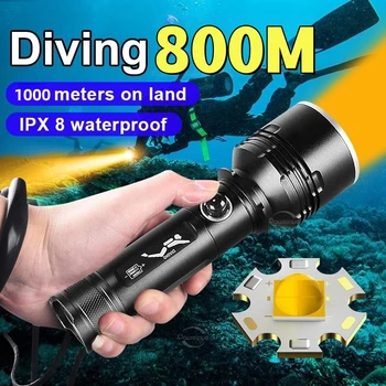 НОВЫЙ сверхяркий фонарик для подводного плавания XHP190 с желтым светом IPX8, профессиональный фонарь для подводного плавания, 800 м, водонепроницаемый светильник