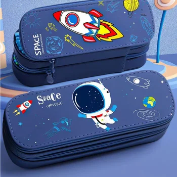 Детская сумка для карандашей космических астронавтов, двухслойная сумка для ручек, школьный кейс большой емкости, канцелярский держатель в стиле мальчиков, школьные принадлежности