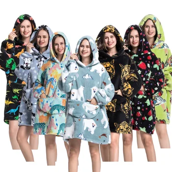 Фланелевая уличная тепловая пижама с зимним капюшоном, Носимые одеяла, Размер Оверсайз Для взрослых, пижамы с динозавром-монстром