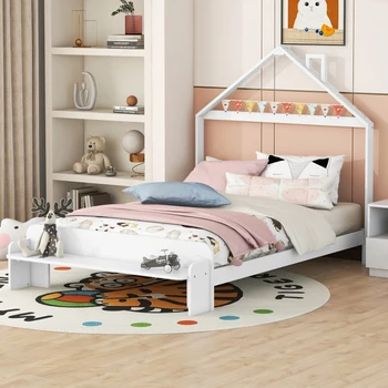 Полноразмерная деревянная кровать-платформа с изголовьем в форме Домика и Скамейкой для Изножья, для внутренней мебели спальни Белого цвета